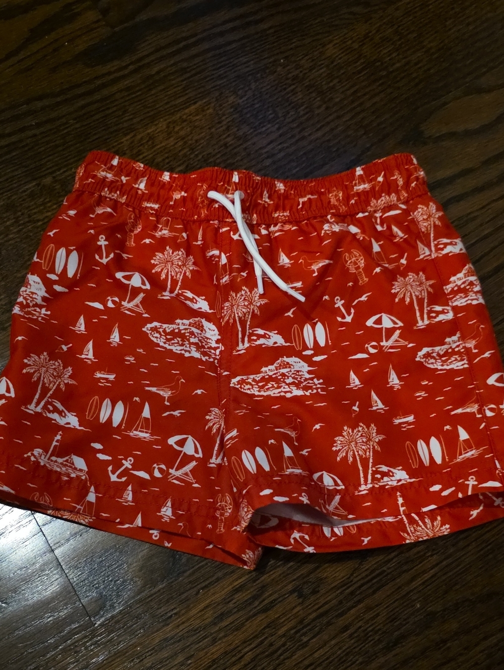 Janie and Jack Red and White Tropical Print Swim Trunks